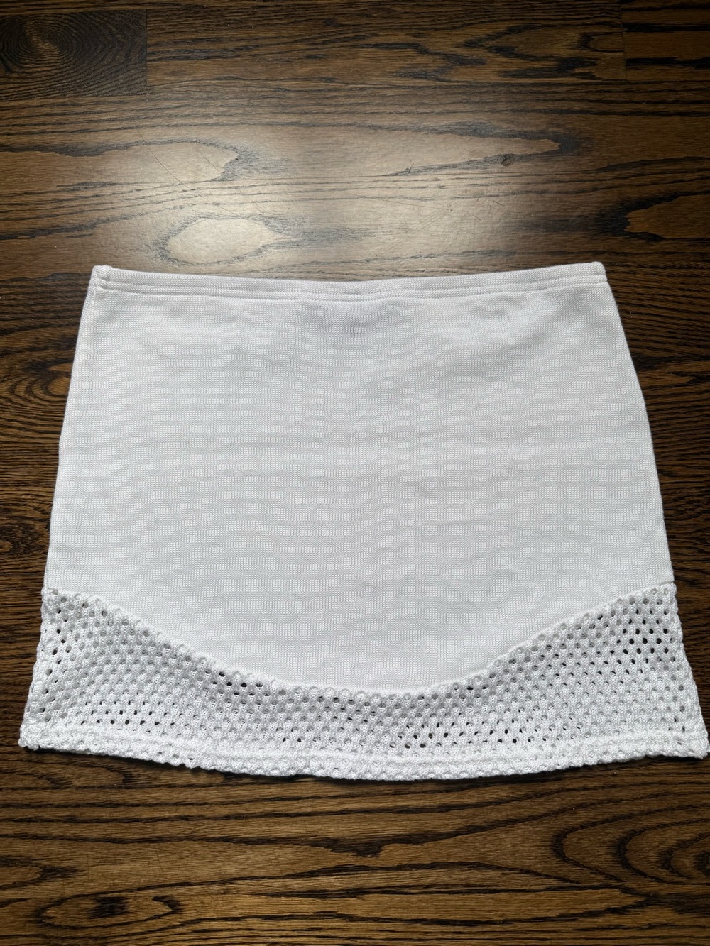 Myco Anna White Asymmetrical Crochet-Trim Knit Mini Skirt